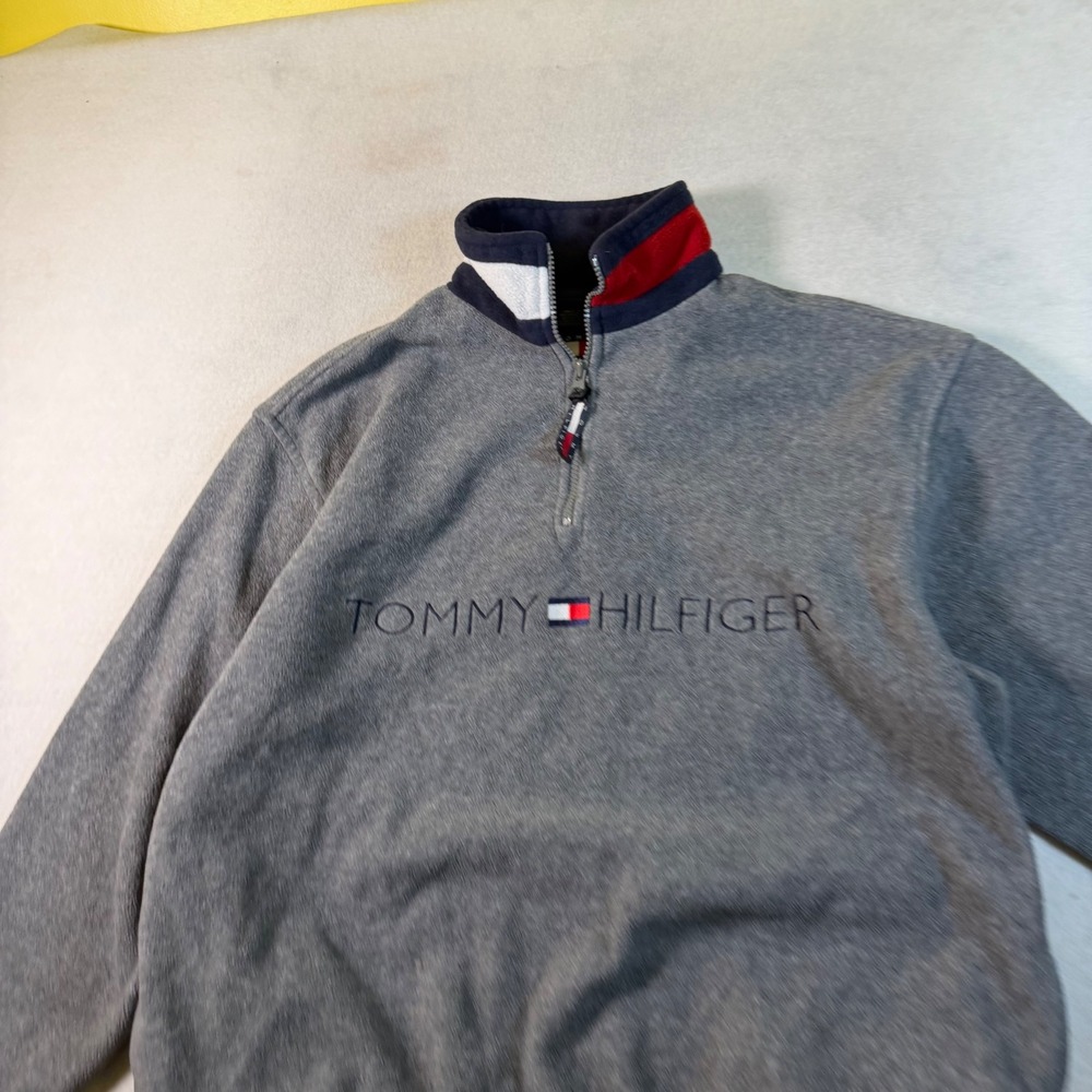 Tommy Hilfiger Mens Quarter Zip Fleece Pullover Gray Colorblock Collar Small‎